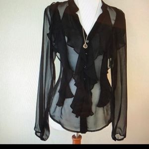 Cache Black Sheer Button Up Ruffle Front Blouse
